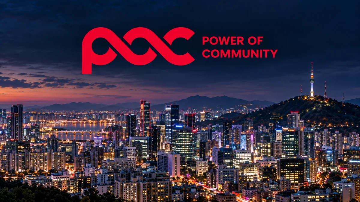 Seoul skyline at dusk with the Power Of Community conference logo
